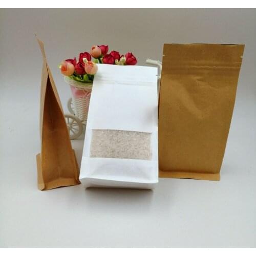10x20x6cm 50pcs White/Brown Kraft Paper Bag For Gifts Christmas Food Tea Candy Zip Lock Kraft Paper Bag With Window Stand Pouch