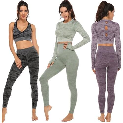 2PCS Seamless Women Yoga Set Workout Sportswear Gym Clothing Fitness Long Sleeve Crop Top High Waist Running Leggings Suits