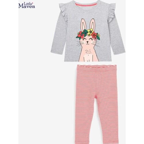 2021 Autumn New Arrival Kids Clothes Sets Flower Rabbit Printed + Stripes Pants 2 Pieces Children Wear Knitted Cotton Set