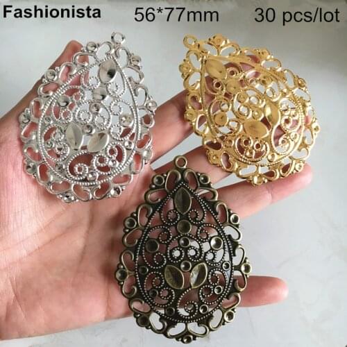30 pcs -56*77mm Large Oval Metal Filigrees Jewelry Charms Ornate Floral Gold,Bronze Metal Teardrop Dangles -NOT Flat