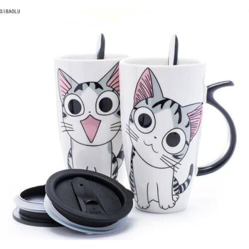 600ml Creative Cat Ceramic Mug With Lid and Spoon Cartoon Milk Coffee Tea Cup Porcelain Mugs Nice Gifts