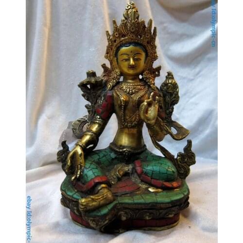 9" Tibet bronze gild inlay Turquoise Buddhism Green Tara Buddha Sculpture Statue