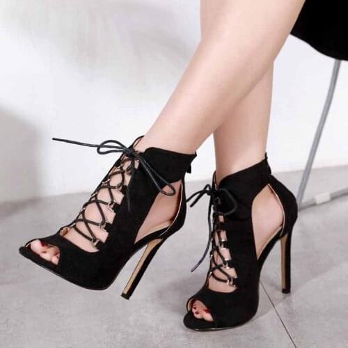 Sandal Suede Strap Black Lace Up High Heel Sexy Summer Gladiator Sandal Fashion Shoes Ankle Strap Stiletto Heel for Woman Zip