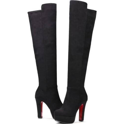 Faux Suede Over Knee Boots Women Round Toe Platform Side Zip Footwear For Female Super High Heel Winter Fashion Wedding Shoes
