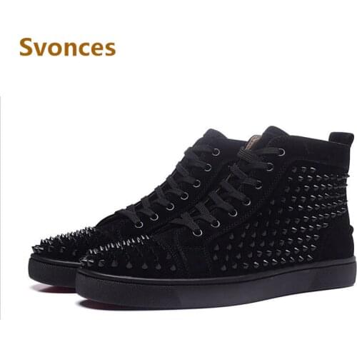 Fashion Flock Unisex Casual Shoes Mens Solid Rivets Red Black High Top Bottom Flats Comfortable Ankle Lace-Up Boots Shoes Man
