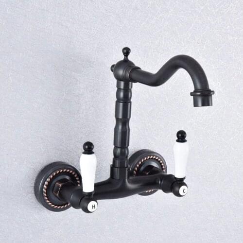 Oil Rubbed Bronze Bathroom Basin Swivel Spout Faucet Wall Mounted Dual Ceramic Handles Vessel Sink Mixer Taps zsf750