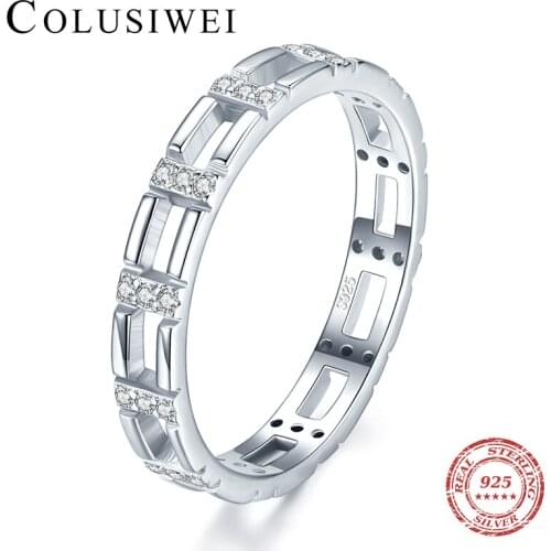 COLUSIWEI Authentic 925 Sterling Silver Sparkling Zirconia Hollow Geometric Ring for Women Simple Stackable Wedding Ring Jewelry
