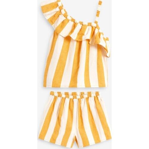 Kids Casual Set 2 Pieces Suit Girls Striped Oblique Shoulder Sleeveless Tops+ Short Pants For Summer Yellow Soft Cute 2-6 Years