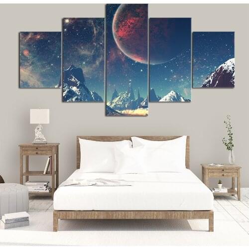 Home Decor Canvas HD Prints Wall Art Pictures 5 Pieces Mountains And Space Painting Set Planet Snow Lake Galaxy Poster Framework