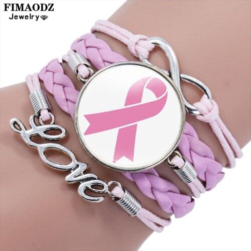 FIMAODZ Breast Cancer Awareness Bracelet For Women Pink Ribbon Handmade Charm Leather Bracelets Rope Wrap Bangle Hope Jewelry