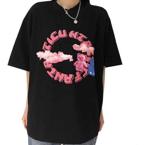 Korean Fashion Summer Women T Shirt Pink Letter Clouds Couple Small Bear Print Lady Tees One Size Medium Long Black Tops Female