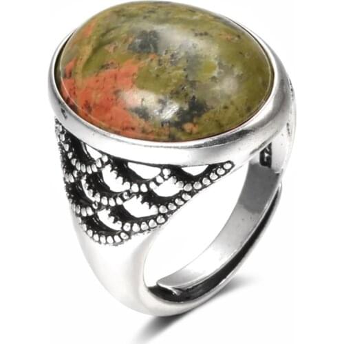 Silver Plated Oval Shape Unakite Stone Resizable Finger Ring for Party Gift Yellow Shell Jewelry