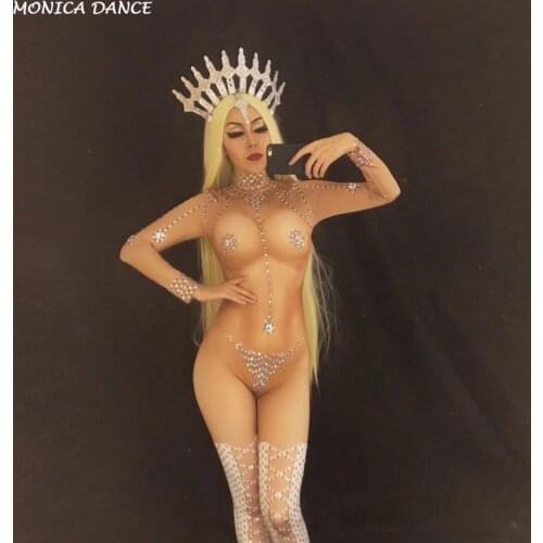 Women Sexy Stage Naked Jumpsuit for Singer Sparkling Crystals Nightclub Party Stage Wear Costume Celebrate Birthday Clothing