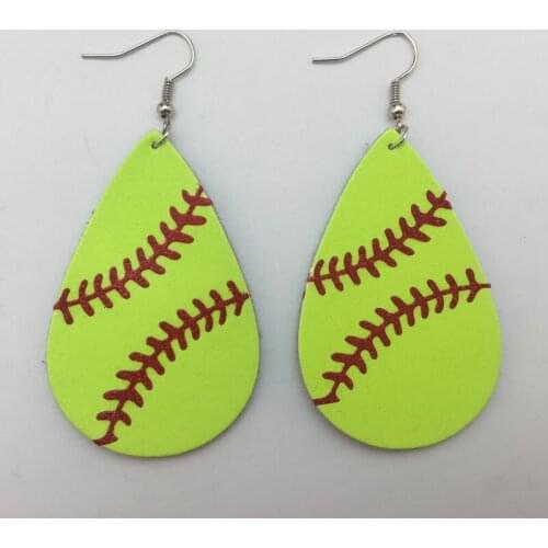 Softball Leather Teardrop Earrings Soft Ball Baseball Soccer Volleyball Basketball Leaf Leather Teardrop Dangle Drops Earrings