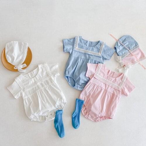 Baby Summer Clothing Cute Infant Baby Girls Solid Bodysuits Princess Jumpsuits Outfits Clothes Casual Lace Playsuit with Hat