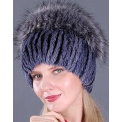 Hot Sale Fashion Mink Fox Hat Winter Warm Women Knitting Caps Mink Hats Vertical Weaving With FOX Fur On The Top
