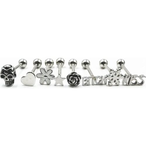 LOT50pcs Free shippment Body Piercing Jewelry- PUNK EMO Tongue Ring Bar Nipple Barbells 14G Heart Skull Flowers Mix