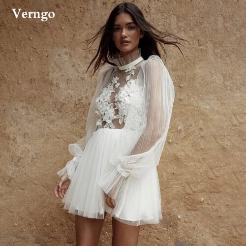 Verngo 2021 New Design Pleats Tulle Short Wedding Dresses Puff Long Sleeves 3D Flowers Bride Gowns Backless Mini Bridal Dress