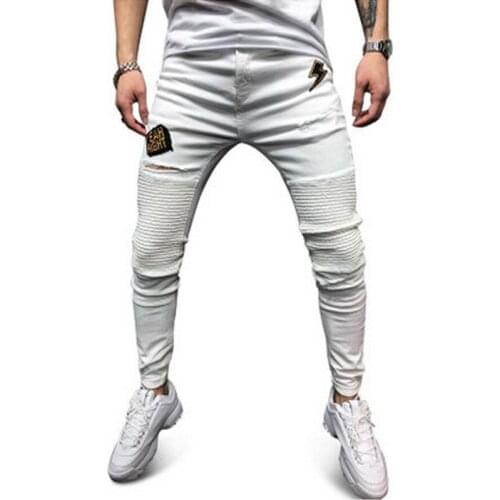 Men Moto & Biker Embroidery lightning Letter Print Jeans Destroyed Hole Slim Holes Ripped Skinny Stretch Denim Pants Trousers