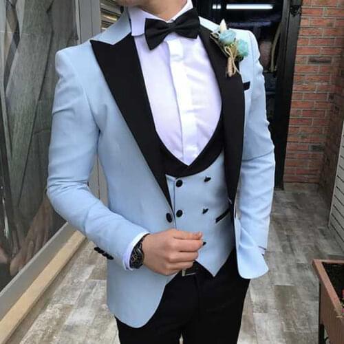Tailor made Slim fit Men Suits for Wedding with Black Peaked Lapel Sky BLue 3 Piece Male Set Blazer Pants Vest Latest Style