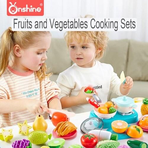 Onshine Cutting Fruits and Veggies Toy Set Kids Pretend Kitchen Toy Play Food Grocery Shopping Basket Pot Cover Dishes Utensils
