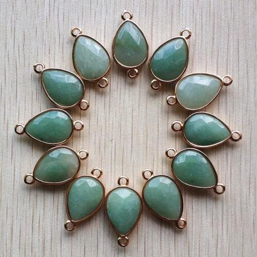 12pcs/lot wholesale Natural green aventurine section water drop gold color Connector pendants for jewelry accessories making