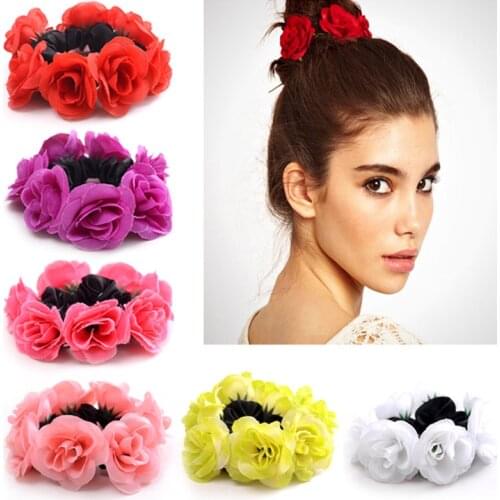 Big Rose Flower Elastics Hair Holders Rubber Bands Girls Women Cute Tie Gum Fabric Hot Wreaths Crowns Wedding Hair Accessories