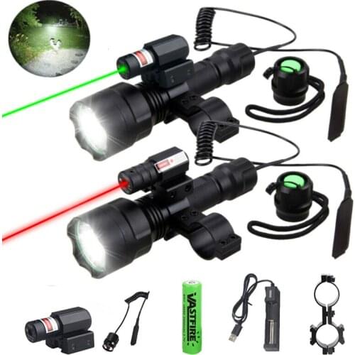 C8 XM-L Q5 T6 Tactical Hunting Flashlight Rifle Lantern Armas Light+Laser Dot Sight+Switch+20mm Rail Barrel Mount+18650+Charger