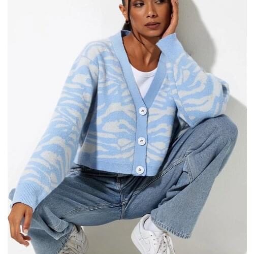 XIKOM 2021 New Summer Women Vintage Blue Stripes Sweater Girl Sweet Cute Knitted Cardigan Female Casual Fashion V Neck Top