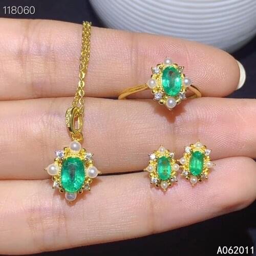KJJEAXCMY fine jewelry natural Emerald 925 sterling silver popular girl pendant necklace chain earrings ring set support test