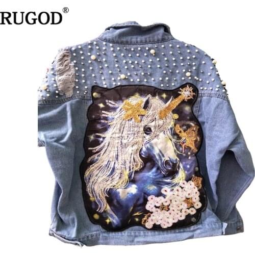 RUGOD 2019 Fashion Female Beaded Flayed Denim Jacket Women Pocket Funny Cartoon Pattern Loose Coat Outwear female jacket