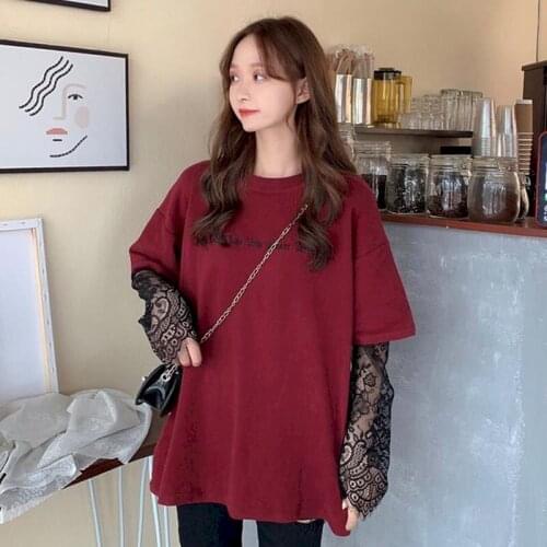 2021 Spring Fake Two-piece Long Sleeve T-shirt New Plus Size Women Loose Lace Vintage Harajuku Goth Clothes Fashion 2XL 3XL 4XL