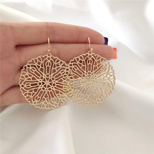 Bohemia Gold Color Plating Filigree Medium Size Round Disc Drop Earrings For Women Girl Elegant Casual Anniversary Daily Access