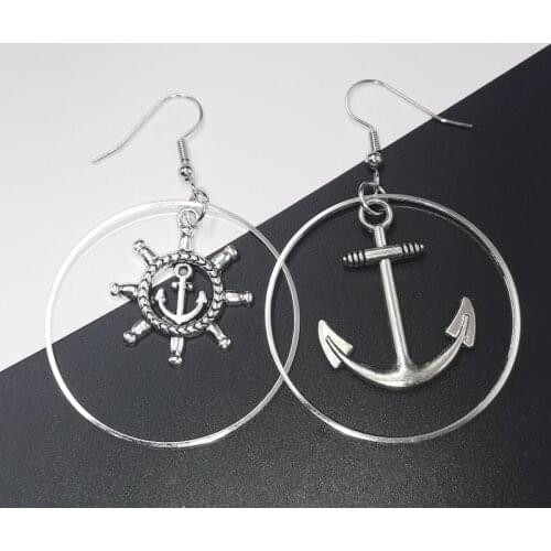 Womens Round Earrings Wave Anchor Steering Wheel Style Alloy Pendant Earrings Fashion Jewelry