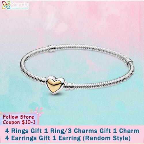 Smuxin 925 Sterling Silver Bracelets Domed Golden Heart Clasp Snake Chain Bracelet Women DIY Jewelry Making Girl Birthday Gifts