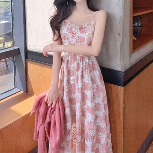 WomenS Summer Floral Print Elegant Mid-Length Dress y2k Sexy Off-The-Shoulder Evening Dress Holiday Beach Suspender Dress 2021