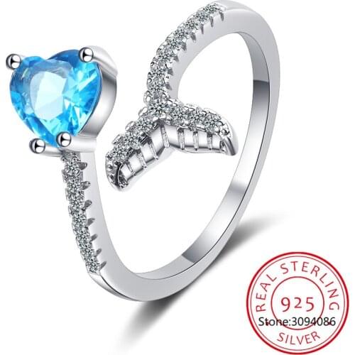 925 Sterling Silver Fashion Wedding Jewelry Adjustable Open Crystal Mermaid Ring for Women Ladies Finger Ring jz459