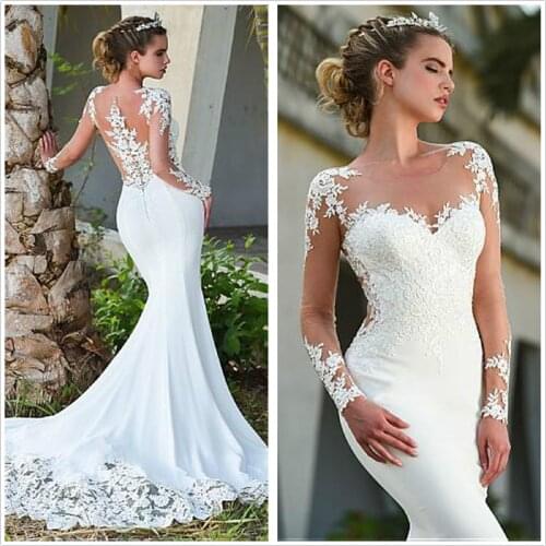 Mermaid Wedding Dresses 2021 Sheer Long Sleeves Satin Tulle Lace Applique Sweep Train Wedding Bridal Gowns With Buttons Robes De