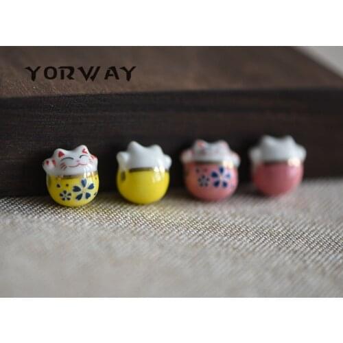 10pcs/Lot Porcelain Lucky Cat Beads 15mm, Ceramic Maneki Neko, Large Hole Drilled, Yellow Pink Kawaii Cat Beads -(80152)