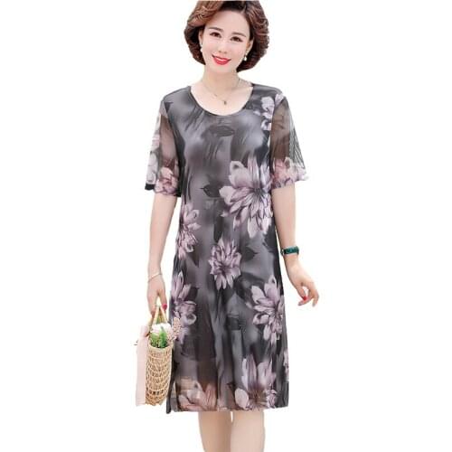 2021 Summer Womens Dress Short-sleeved Chiffon Dress Middle-Aged Loose Female Dresses Round Neck Fashion Print Dress Plus Size