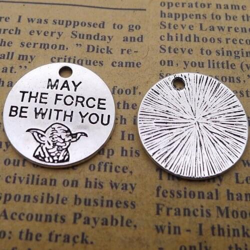 6pieces/lot 20*20mm MAY THE FORCE BE WITH YOU Word Charm Antique silver color Metal Letters nameplate Pendant Key DIY accessory