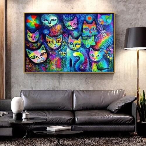 Artcozy Colourful Cats Canvas Painting for Home Decoration Canvas Printings Spray Painting Horizontal Rectangle Animal Single