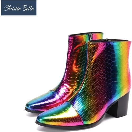 Christia Bella Sparkling Colorful Men Party Boots Increase Height Mid Heel Ankle Boots Nightclub Zipper Formal Boots Dress Shoes