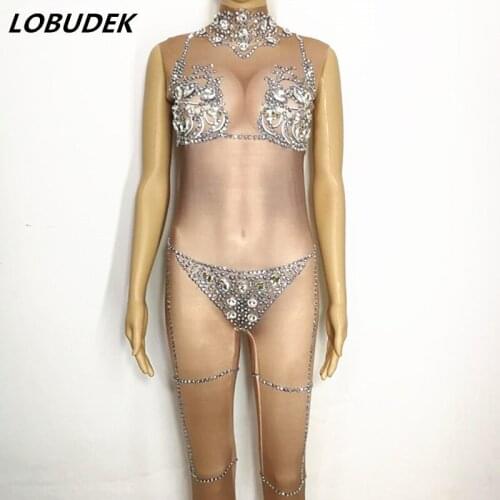 Sparkly Rhine stones Crystals jumpsuit Skin color leotard Rompers Bar Club singer DJ DS costumes Model show Catwalk stage outfit