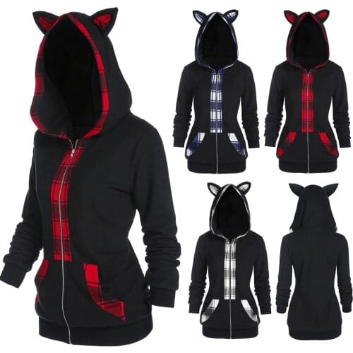 Fashion Cat Ear Hooded Jacket Coat Casual Sweatshirt Pockets Zipper Coat Streetwear Female Winter Long Sleeve Womens Outerwear