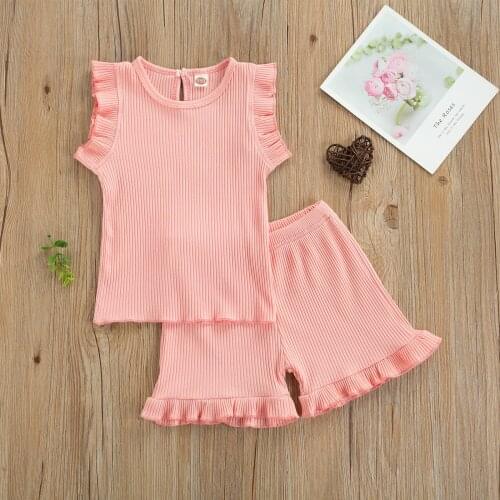 Summer 2 Pcs Casual Soild Color Infant Ribbed Outfits Baby Girl Flying Sleeve Round Neck Pullover + Ruffle Shorts (Pink)