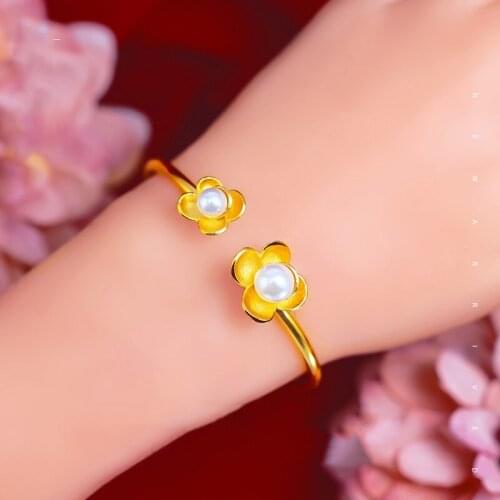 Fashion Bracelets & Bangles for Women Freshwater Pearl Jewelry Gold Color Exquisite Double Phalaenopsis Flower Cuff Bracelet