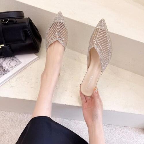 New Hot Fashion Crystal Hollow Slippers Womens Summer Breathable Mesh Pointed Mules Womens Shoes Gold High Heels Sandals