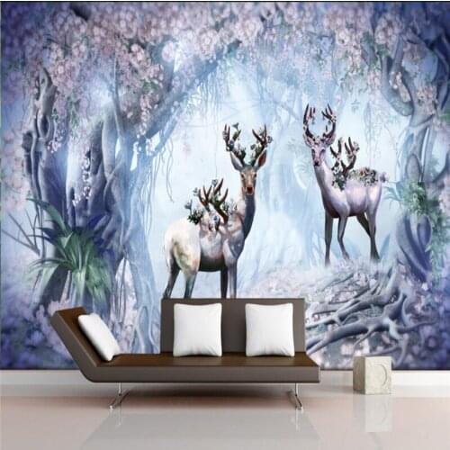 Beibehang Custom Photo Wallpaper Mural Wall Sticker Nordic Nostalgia Forest Flower Elk TV Wall Background Wall papel de parede