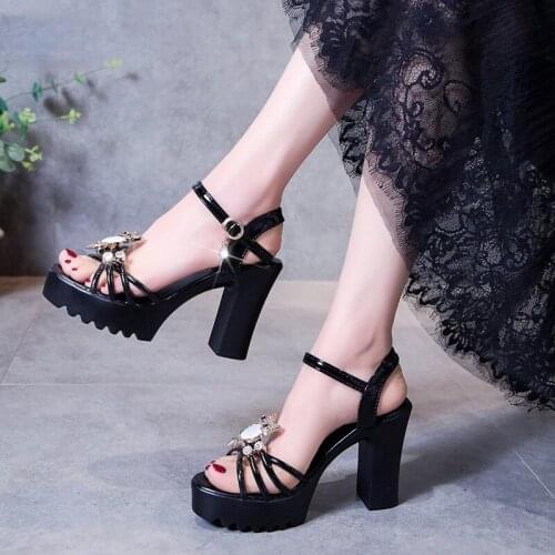 Crystal Platform Sandals Women Summer High Heels Shoes Fashion Peep Toe Slides Zapatos Mujer Black Hollow Pumps